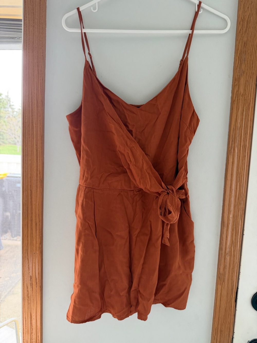 Rust Orange Wrap-Front Spaghetti Strap Romper